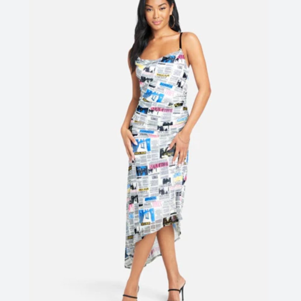 Bebe Asymmetrical Hem Newspaper Dress